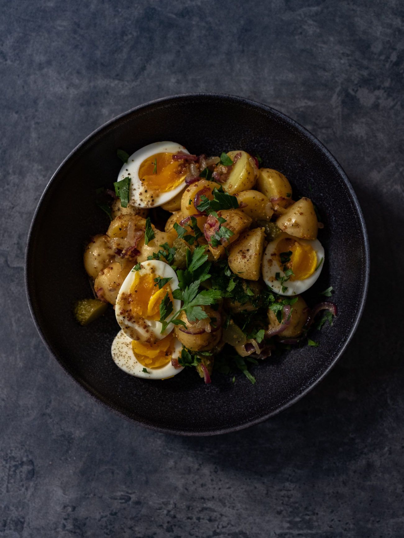 Rezept, Kartoffelsalat mit gekochten Eiern, Senfdressing, Essiggurken, Petersilie, Salat, About Fuel
