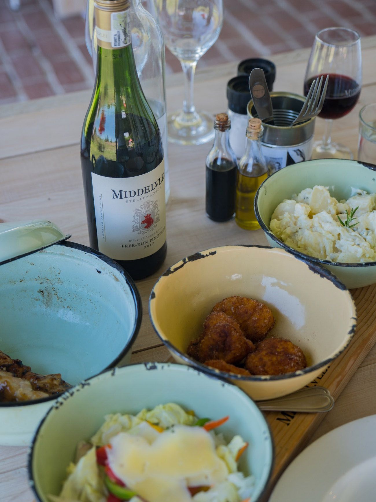Weinguide Stellenbosch, Middelvlei, Kürbis Fritters, Kartoffelsalat